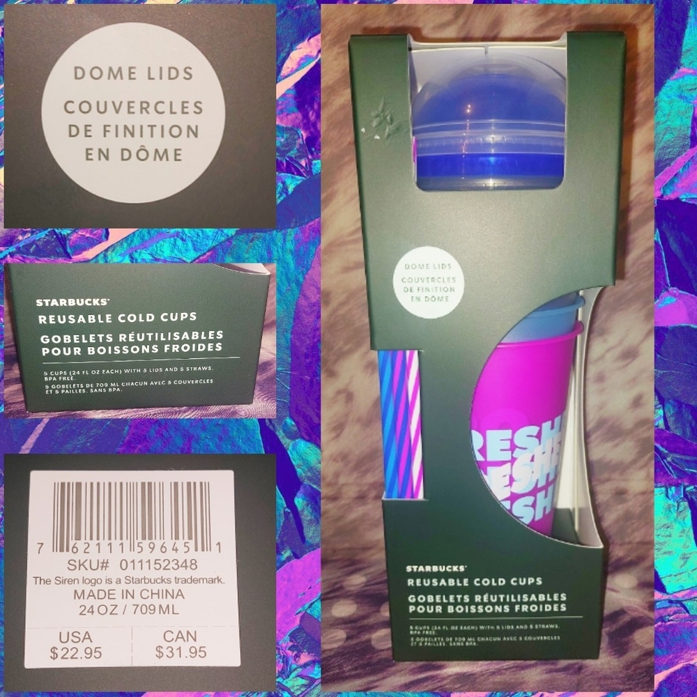 Starbucks brand 5Pc Multicolor Reusable Dome Lid Cold Cup Set w/Lids & Straws